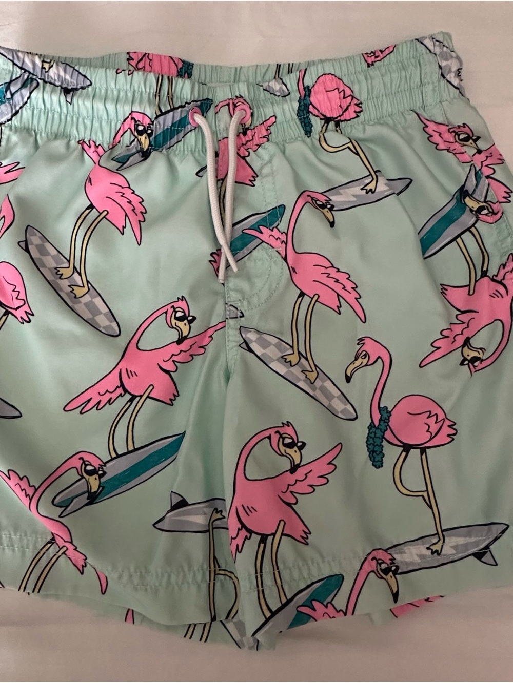 Old Navy Mint Swim Trunks with Pink Flamingo Surf Print